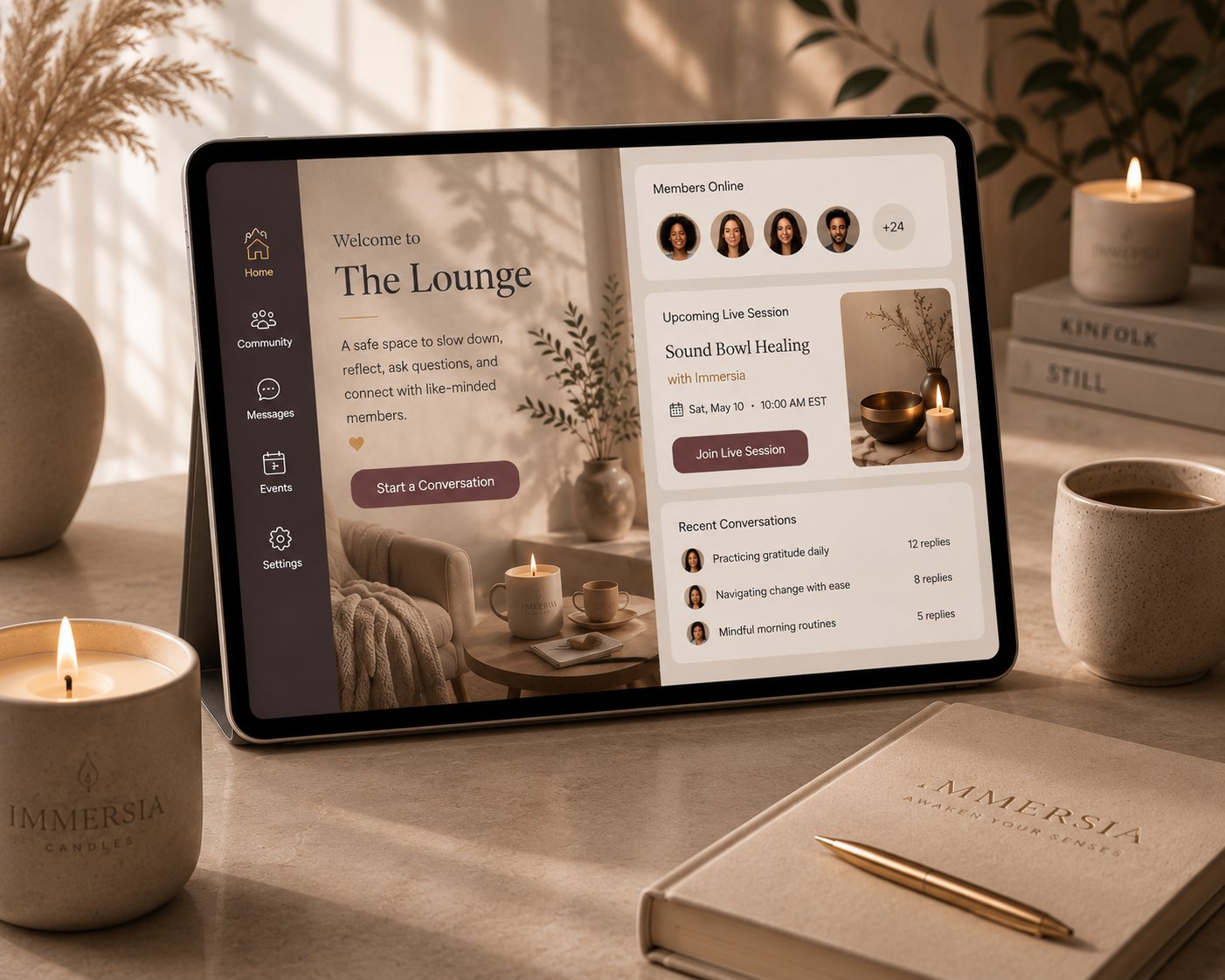 The Lounge member interface displayed on a tablet in a warm, candlelit setting
