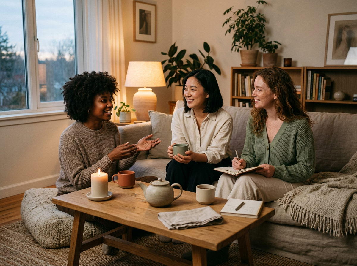 Friends gathered around a candlelit table at dusk