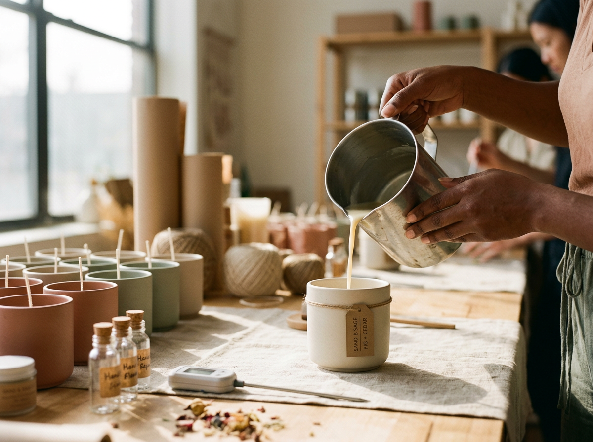 Hands pouring molten candle wax into a ceramic IMMERSIA vessel
