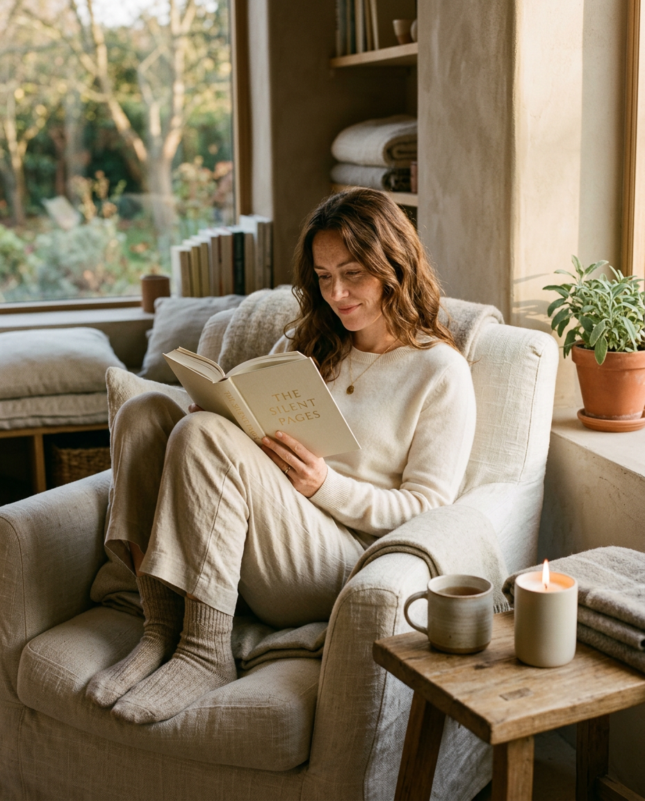 A woman reading with a candle burning nearby