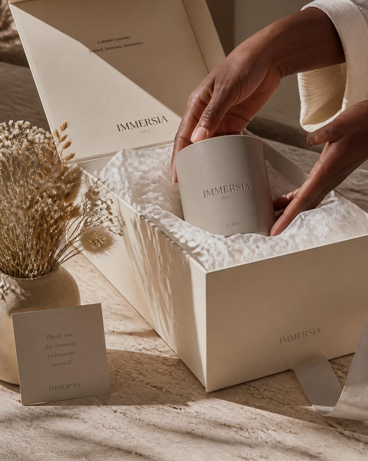 An IMMERSIA candle being unboxed on a travertine surface